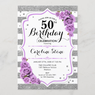 Invitation 50e anniversaire - Argent blanc rayures Roses viol