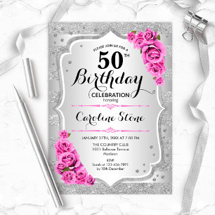 Invitation 50e anniversaire - Argent rayures roses roses rose