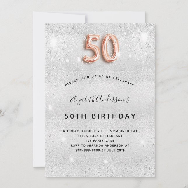 Invitation 50e anniversaire argent rose parties scintillant o (Devant)