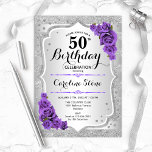 Invitation 50e anniversaire - Argent Stripes Roses violets<br><div class="desc">Invitation du 50e anniversaire. Design floral élégant en argent et violet. Comprend des bandes d'argent faux parties scintillant,  des polices de caractères et des confettis de style rose violet. Parfait pour une fête d'anniversaire glam.</div>