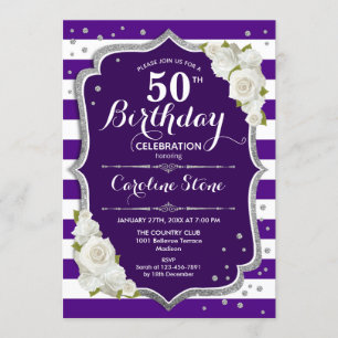 Invitation 50e anniversaire - Argent violet blanc rayures Ros