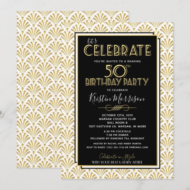 Invitation 50e anniversaire Art Déco Gatsby Roaring 20s Anniv (Devant / Derrière)