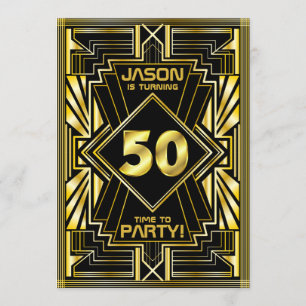 Invitation 50e anniversaire Art Déco Gold Black Great Gatsby