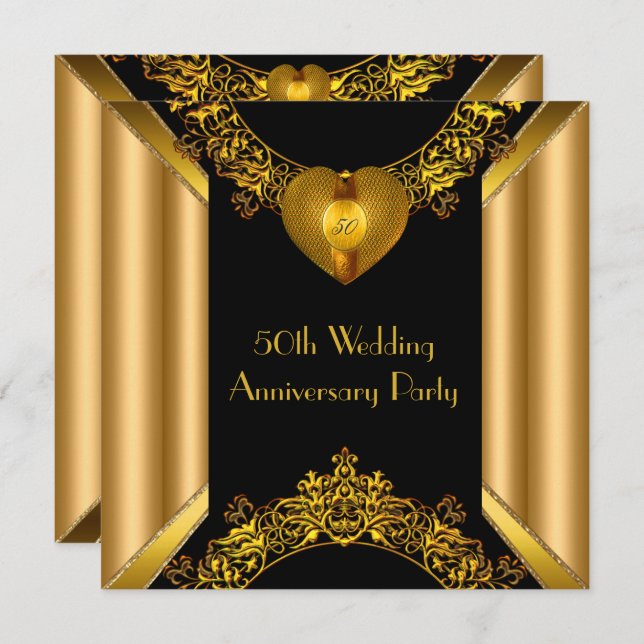 Invitation 50e Anniversaire Art Déco Or Coeur d'Or 2 (Devant / Derrière)