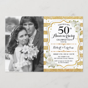 Invitation 50e anniversaire avec photo - Blanc or