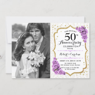 Invitation 50e anniversaire avec photo - Blanc or violet
