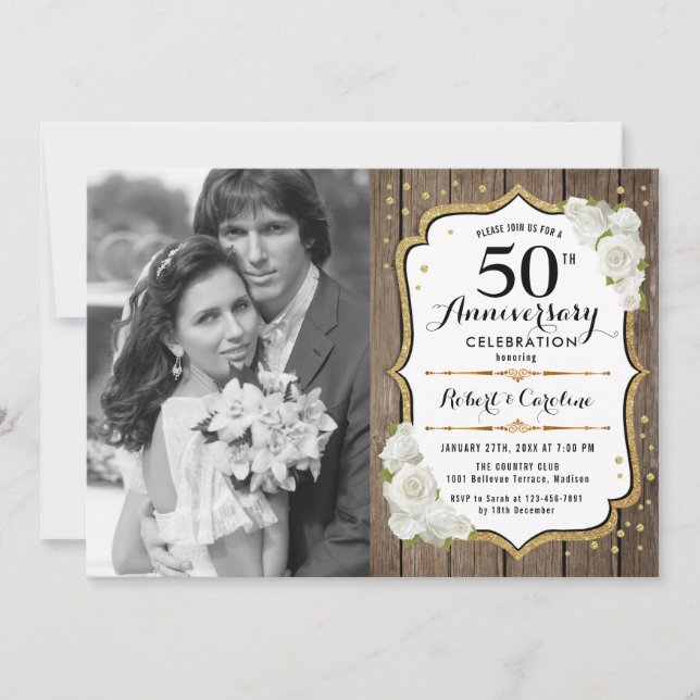 Invitation 50e Anniversaire avec Photo - Bois Or Blanc (Devant)
