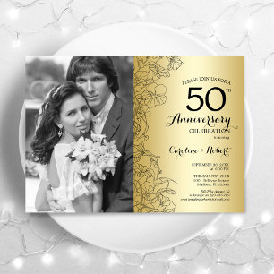 Invitation 50e anniversaire avec photo - Floral d'or