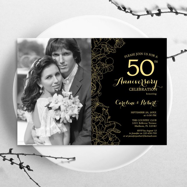 Invitation 50e anniversaire avec photo - Floral or et noir (Créateur téléchargé)