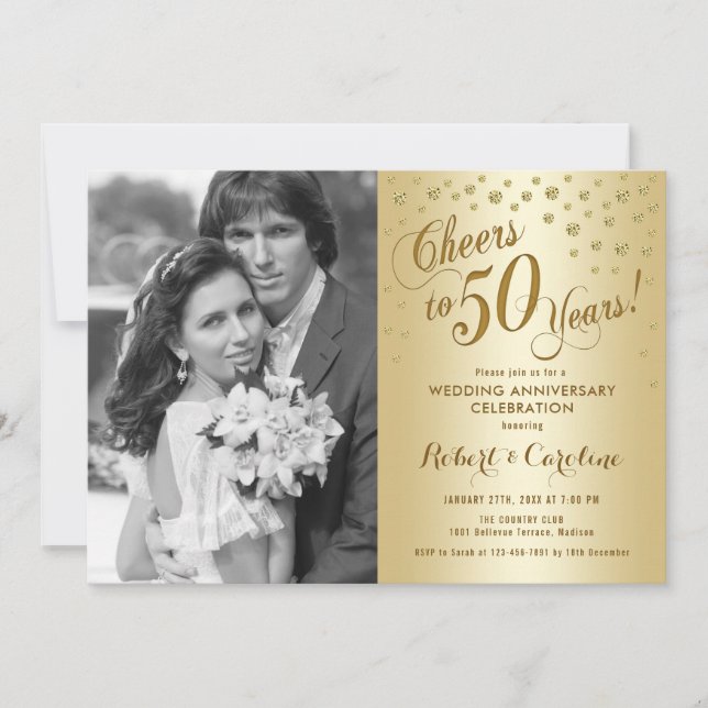 Invitation 50e anniversaire avec photo - Or (Devant)