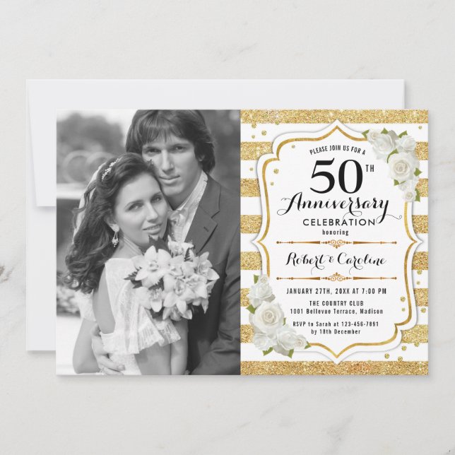 Invitation 50e anniversaire avec photo - Or Blanc (Devant)