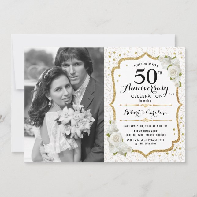 Invitation 50e Anniversaire avec Photo - Or Blanc (Devant)