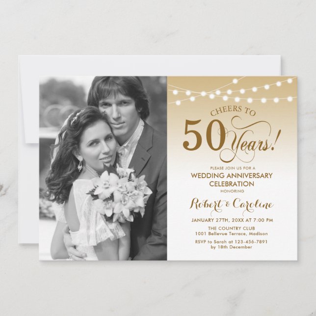 Invitation 50e Anniversaire avec Photo - Or Blanc (Devant)