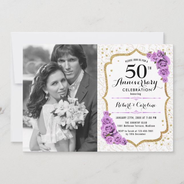 Invitation 50e Anniversaire avec Photo - Or Blanc Violet (Devant)