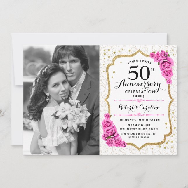 Invitation 50e anniversaire avec photo - Rose or blanc (Devant)