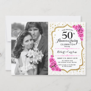 Invitation 50e anniversaire avec photo - Rose or blanc