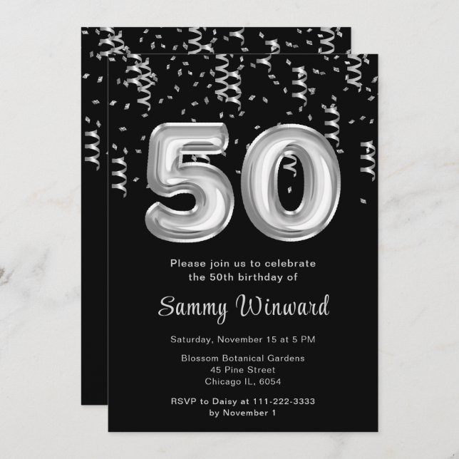 Invitation 50e anniversaire Ballons d'argent avec Confetti (Devant / Derrière)