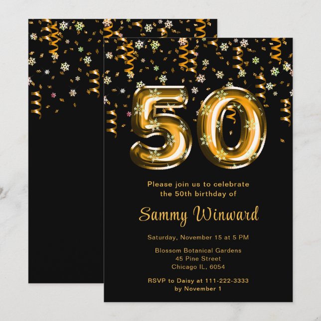Invitation 50e anniversaire Ballons d'or Snowflake Confetti (Devant / Derrière)