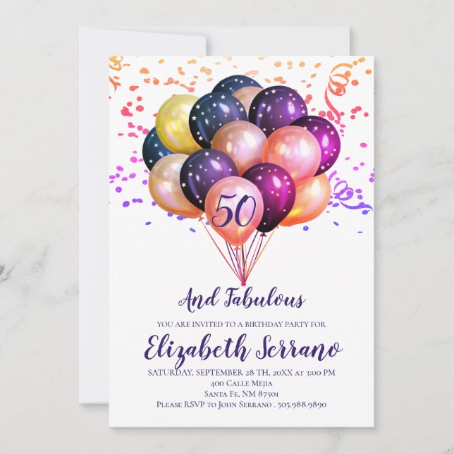 Invitation 50e anniversaire Ballons multicolores en métal (Devant)