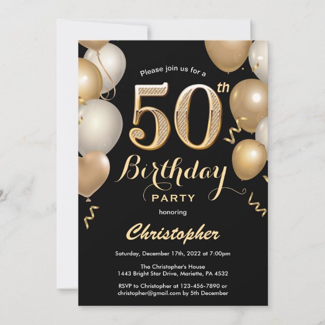 Invitation 50e anniversaire Ballons Noir et Or Confetti (Devant)