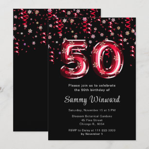 Invitation 50e anniversaire Ballons rouges Flocon de neige Co