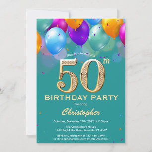 Invitation 50e anniversaire Ballons Turquoises et dorés