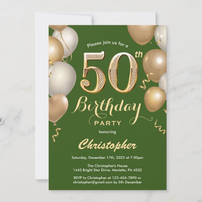 Invitation 50e anniversaire Ballons verts et or Confetti (Devant)