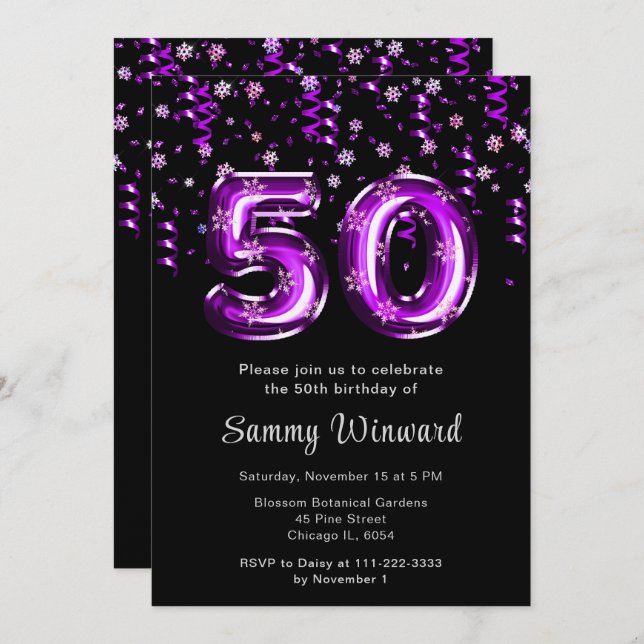 Invitation 50e anniversaire Ballons violets Snowflake Confett (Devant / Derrière)