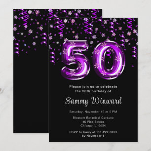 Invitation 50e anniversaire Ballons violets Snowflake Confett
