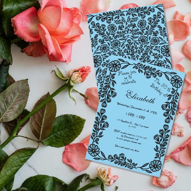Invitation 50e anniversaire Black & Blue Botanical Floral (Créateur téléchargé)