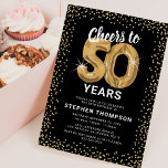 Invitation 50e anniversaire Black Gold<br><div class="desc">Elégante invitation de fête du cinquantième anniversaire avec un arrière - plan noir élégant qui peut être changé à n'importe quelle couleur,  parties scintillant brillante or,  cinquante ballons d'hélium or,  et un modèle de texte de célébration du cinquantième anniversaire moderne qui est facile à personnaliser.</div>