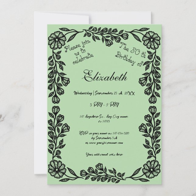 Invitation 50e anniversaire Black & Pale Green Botanical Flor (Devant)