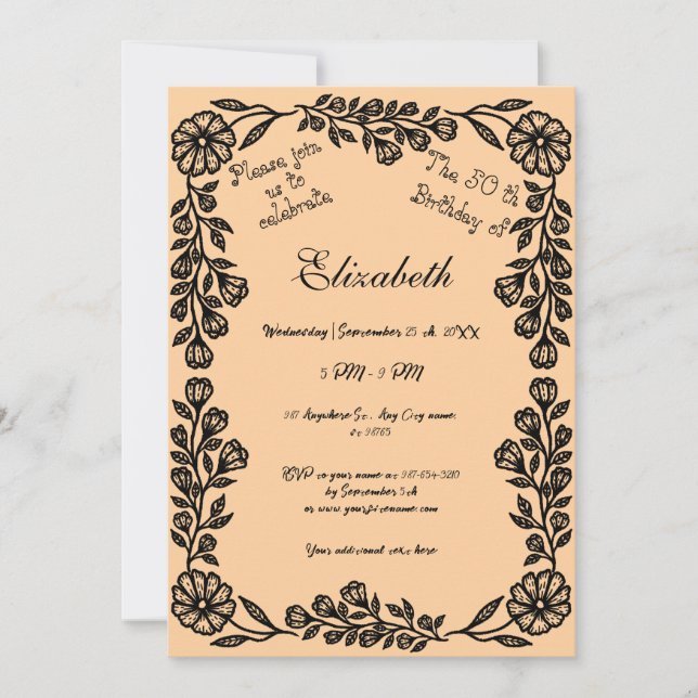 Invitation 50e anniversaire Black & Peach Botanical Floral (Devant)