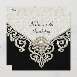 Invitation 50e anniversaire Black White Cream Pearl bijou