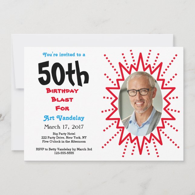 Invitation 50e anniversaire Blast Typographie rouge et bleue (Devant)