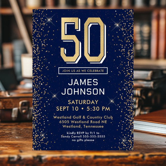 Invitation 50e anniversaire Bleu marine moderne (Créateur téléchargé)
