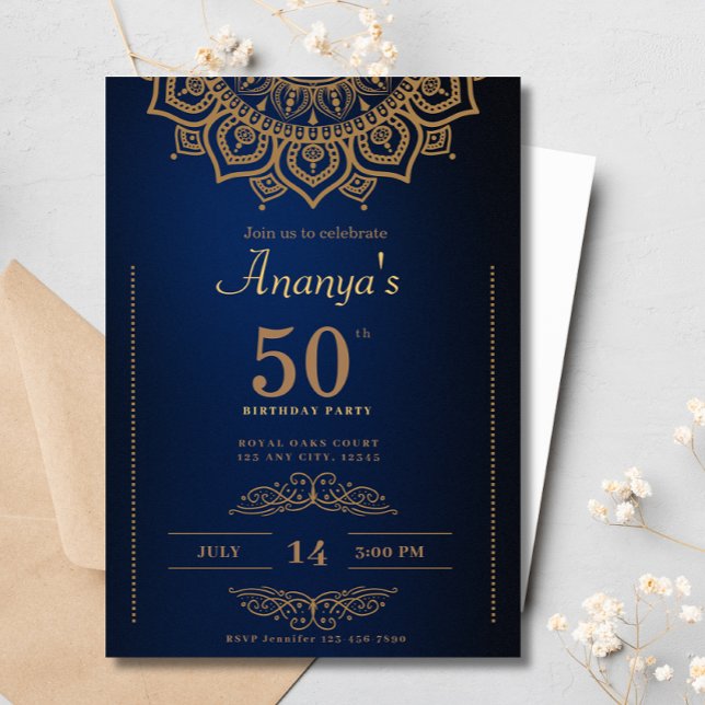 Invitation 50e Anniversaire Bleu Or Mandala Élégant Simple (Créateur téléchargé)