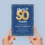 Invitation 50e anniversaire Blue Gold<br><div class="desc">Elégante invitation à la fête du cinquantième anniversaire avec un arrière - plan bleu tendance qui peut être changée à n'importe quelle couleur,  parties scintillant brillante or,  cinquante ballons d'hélium or,  et un modèle de texte de célébration du cinquantième anniversaire moderne qui est facile à personnaliser.</div>