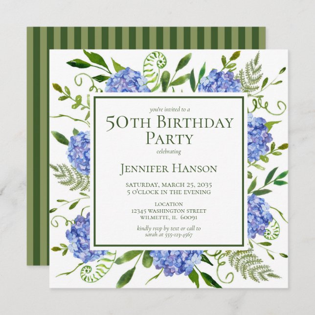 Invitation 50e anniversaire Blue Hydrangeas Floral Aquarelle (Devant / Derrière)