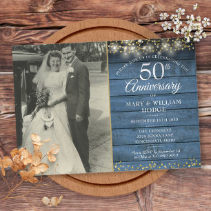 Invitation 50e anniversaire Blue Rustic Gold Hearts Photo