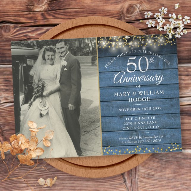 Invitation 50e anniversaire Blue Rustic Gold Hearts Photo (Créateur téléchargé)
