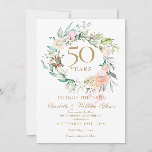 Invitation 50e Anniversaire Changez la Date Roses Guirlande (Devant)
