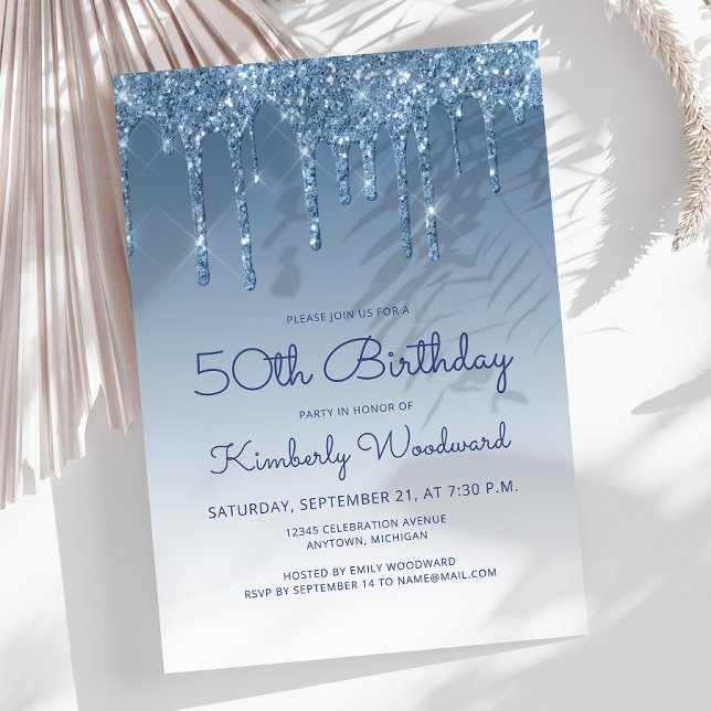 Invitation 50e Anniversaire Chic Paillettes Bleu (Créateur téléchargé)