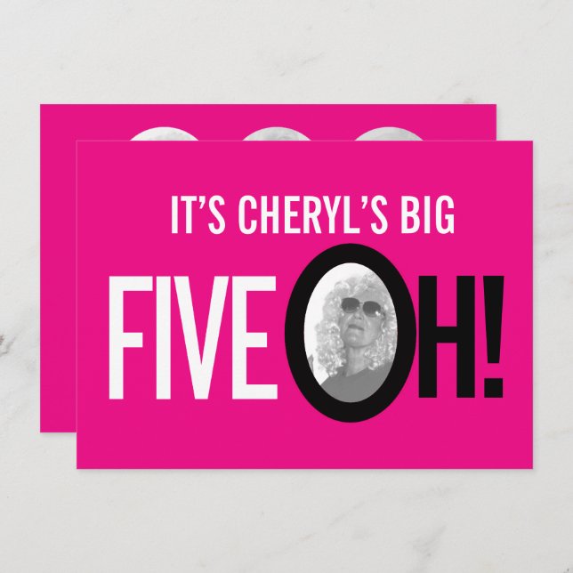 Invitation 50e anniversaire CINQ OH! photo rose retro paysage (Devant / Derrière)