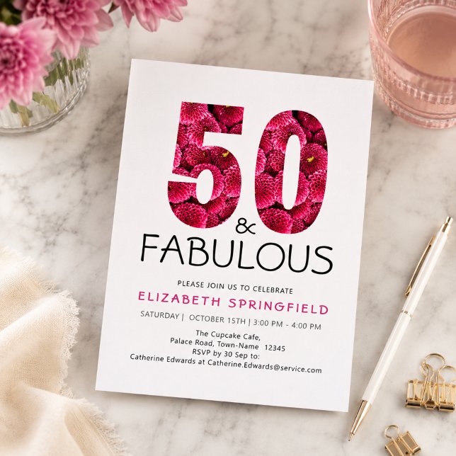 Invitation 50e Anniversaire Cinquante et Fabuleux Fleurs Rose (Add name & event details via the template to customize your invitation)