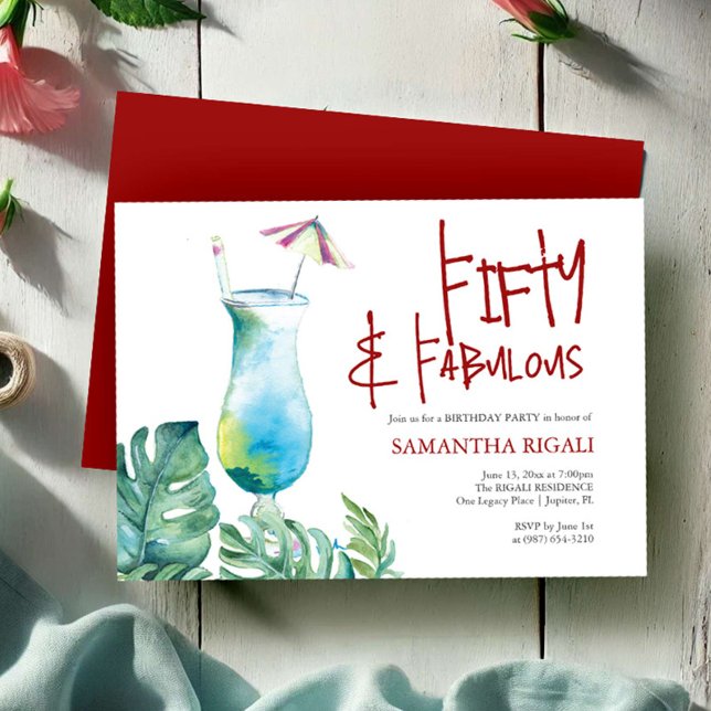 Invitation 50e anniversaire Cocktail tropical (50th birthday invitations tropical cocktail and palm leaf watercolor art by Victoria Grigaliunas)