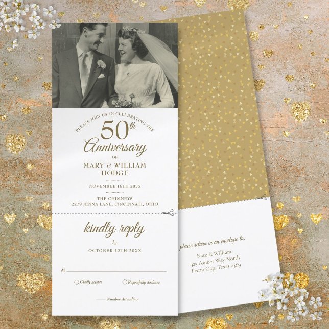 Invitation 50e anniversaire Coeur Confetti Mariage Photo RSVP (50th Anniversary Heart Confetti Wedding Photo RSVP Invitation)