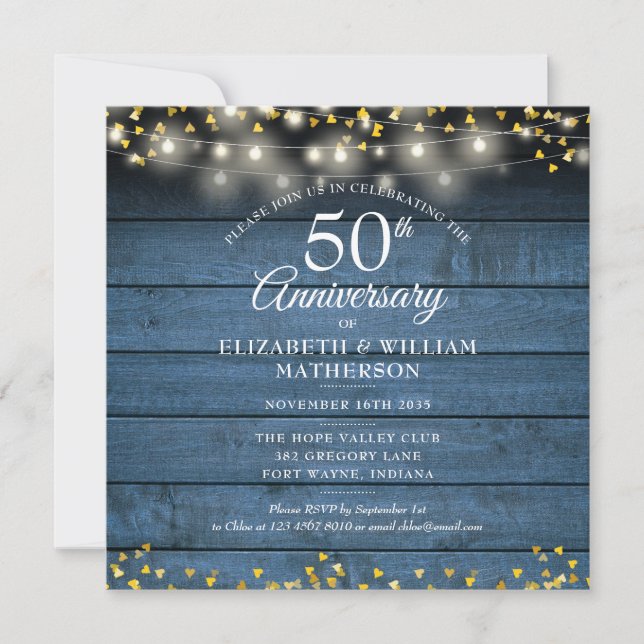 Invitation 50e Anniversaire Cœurs Dorés Bois Rustique Bleu (Devant)