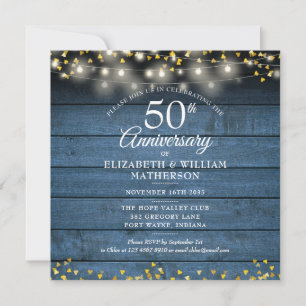 Invitation 50e Anniversaire Cœurs Dorés Bois Rustique Bleu