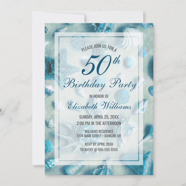 Invitation 50e anniversaire Coquillages côtiers Turquoise (Devant)